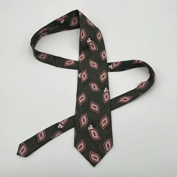 DISNEY ORIGINALS Men's Tie Mickey Mouse Silk Green Red Geometric Paisley Necktie - Picture 5 of 7